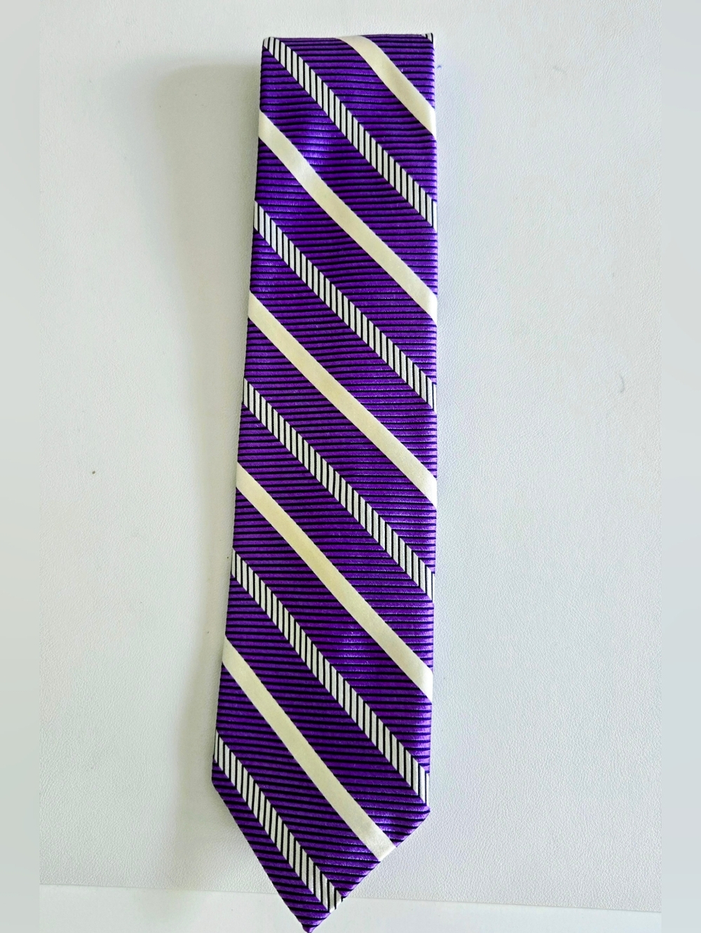 Robert Talbott Purple & White Colgate Striped 100% Silk Tie- Like New
